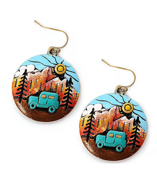 TREE SUN TRUCK AND MOUNTAIN LANDSCAPE EARRING