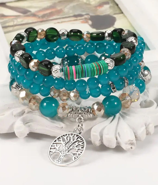 TREE OF LIFE MULTI BEAD 4 STACKABLE STRETCH BRACELET SET