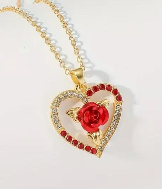 VALENTINE THEME ROSE AND HEART PENDANT NECKLACE