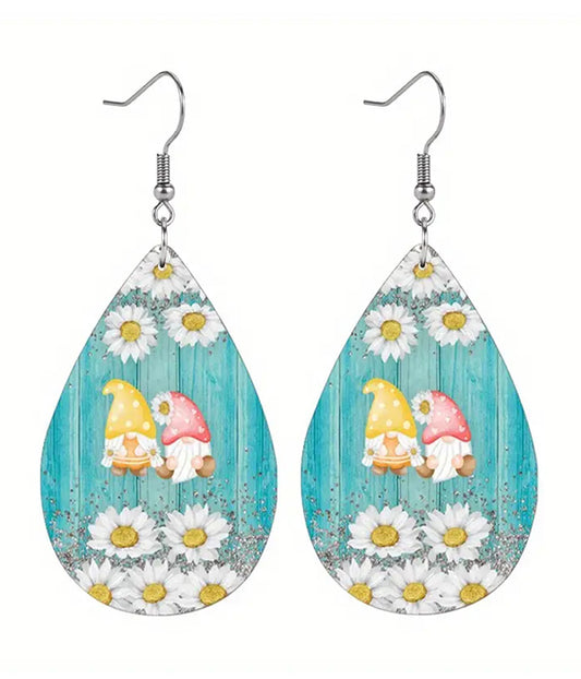 FLOWER AND GNOME TEARDROP LEATHERETTE EARRING