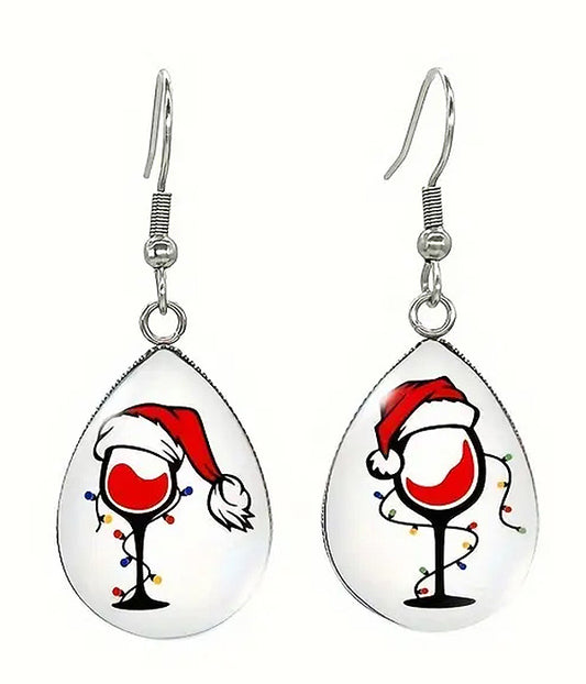 CHRISTMAS THEME WINE PAINT TEARDROP EARRING