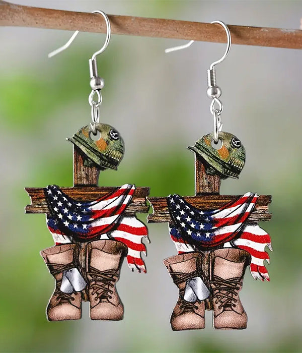 PATRIOTIC THEME AMERICAN FLAG AND CROSS WOOD EARRING