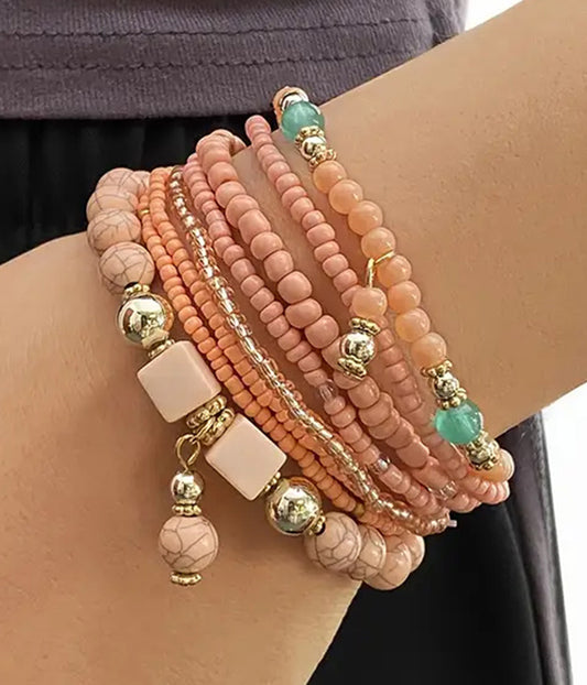 8 PIECE MIX STONE BEAD STACKABLE STRETCH BRACELET SET