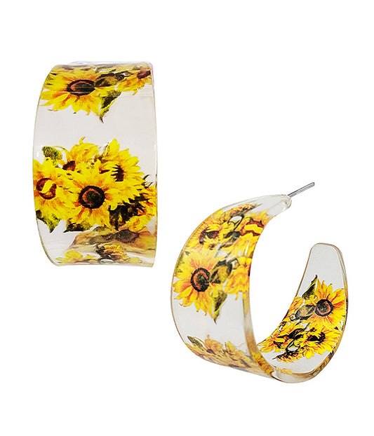 GARDEN THEME TRANSPARENT ACRYLIC HOOP EARRING - SUNFLOWER