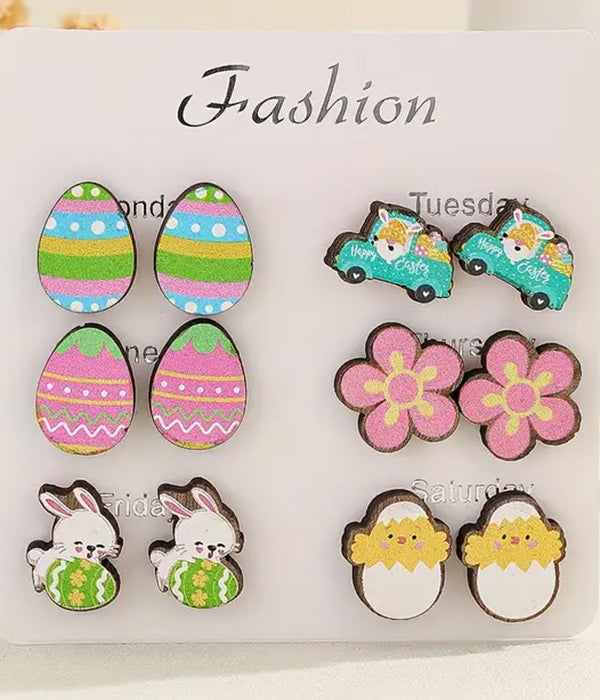 EASTER THEME 6 PAIR WOOD EARRING SET