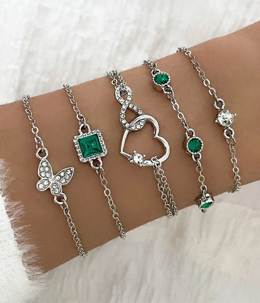 5 PIECE CHAIN BRACELET SET - HEART BUTTERFLY