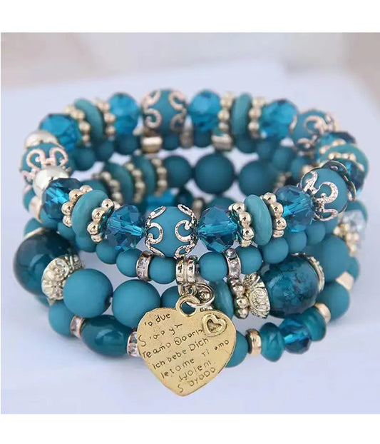 HEART CHARM AND MULTI BALL BEAD MIX 4 STRETCH BRACELET SET