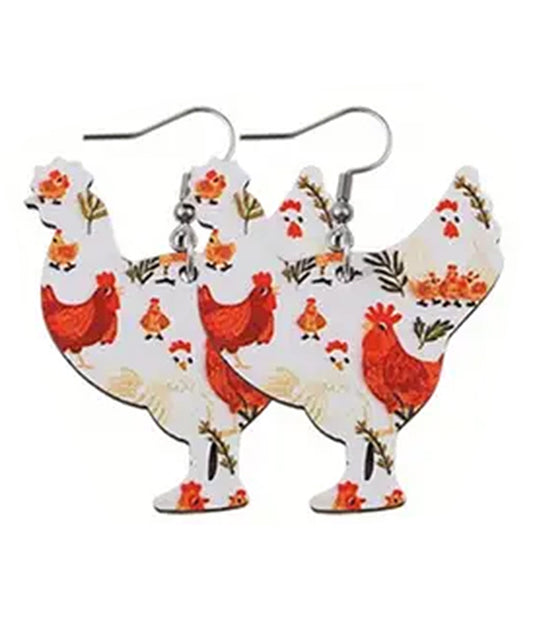 FARM THEME WOOD CHICKEN BOOTS EARRING