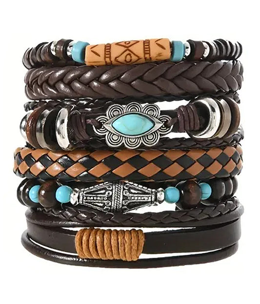 BOHO STYLE PULLTIE AND STRETCH LEATHERETTE BRACELET SET