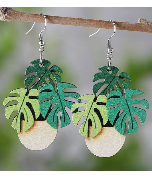 GIANT LEAF PLANT WOOD EARRING