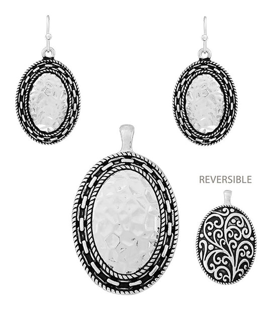 DESIGNER TEXTURED REVERSIBLE OVAL PENDANT AND EARRING SET