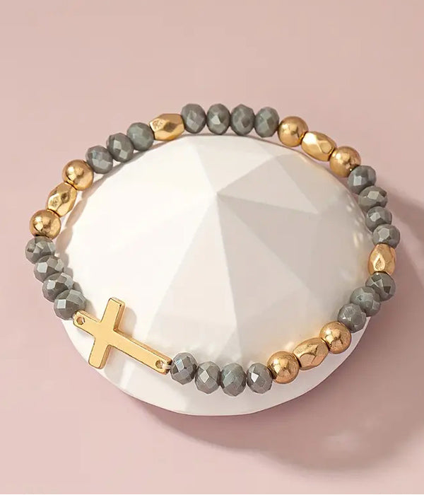 GLASS BEAD STRETCH BRACELET - CROSS