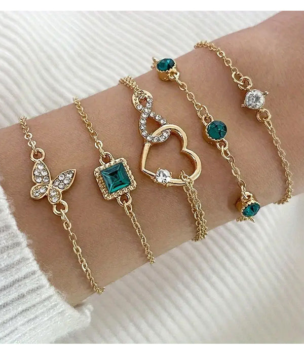 5 PIECE CHAIN BRACELET SET - HEART BUTTERFLY