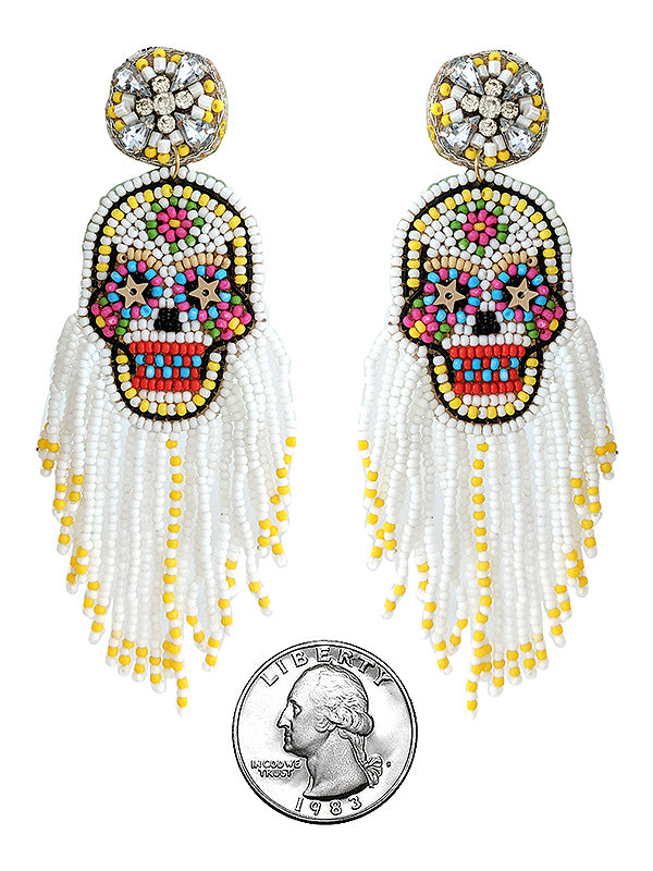 HANDMADE MULTI SEEDBEAD HALLOWEEN THENE SKULL EARRING