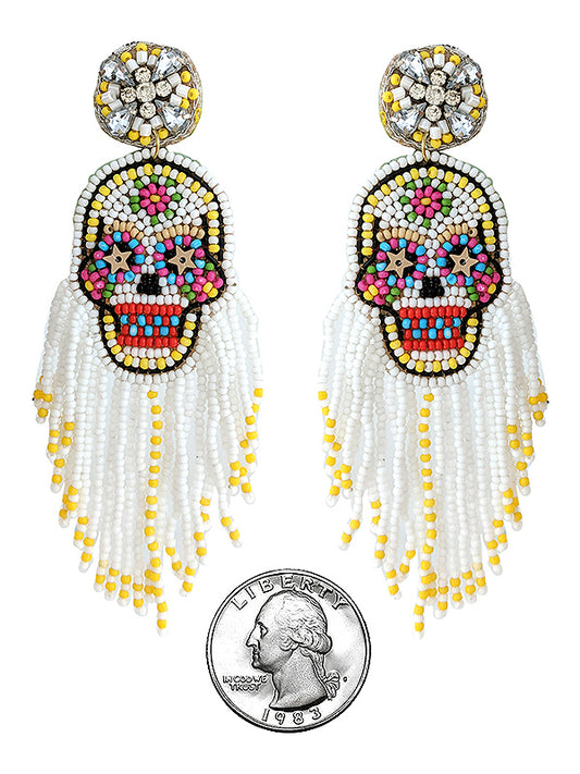 HANDMADE MULTI SEEDBEAD HALLOWEEN THENE SKULL EARRING