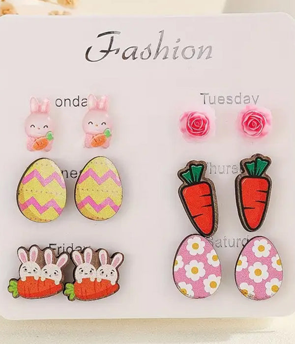 EASTER THEME 6 PAIR WOOD EARRING SET