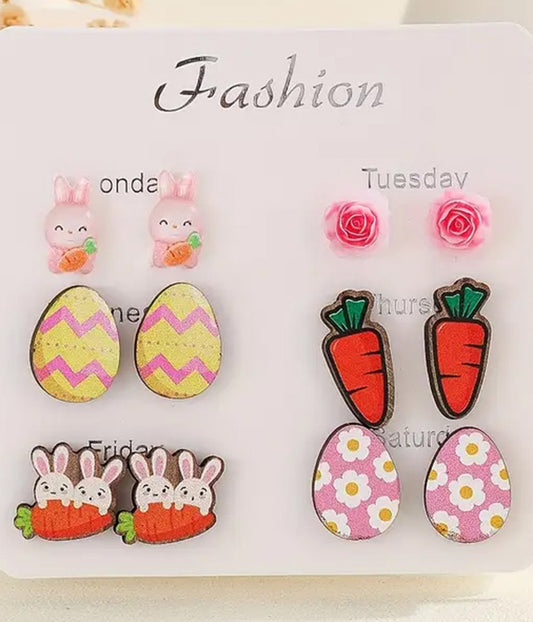 EASTER THEME 6 PAIR WOOD EARRING SET