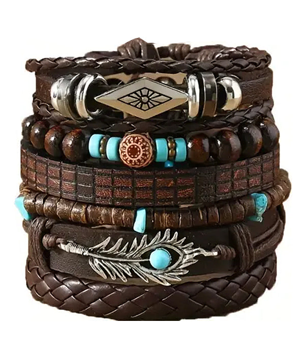 BOHO STYLE PULLTIE AND STRETCH LEATHERETTE BRACELET SET