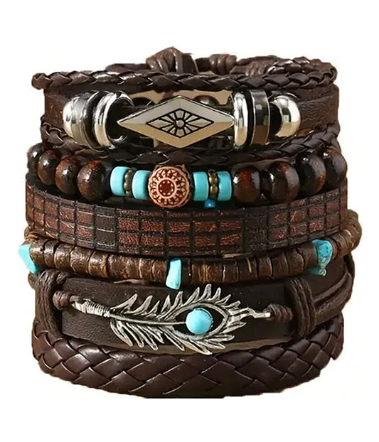 BOHO STYLE PULLTIE AND STRETCH LEATHERETTE BRACELET SET