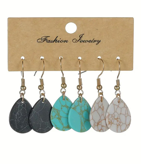 TEARDROP MIX STONE 3 PAIR EARRING SET