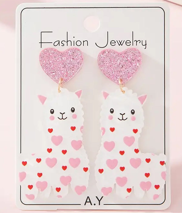 ALPACA AND HEART ACRYLIC EARRING