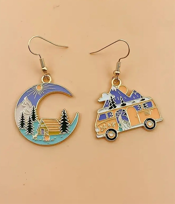 CAMPING THEME MOON AND RV EARRING