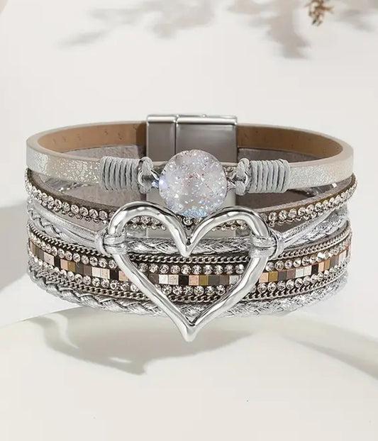MULTI LAYER LEATHERETTE MAGNETIC BRACELET - HEART