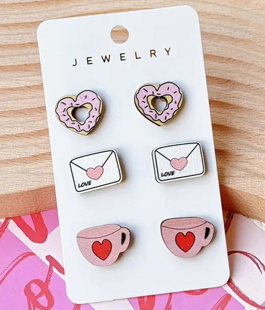 VALENTINE THEME 3 PAIR EARRING SET - DONUT LETTER