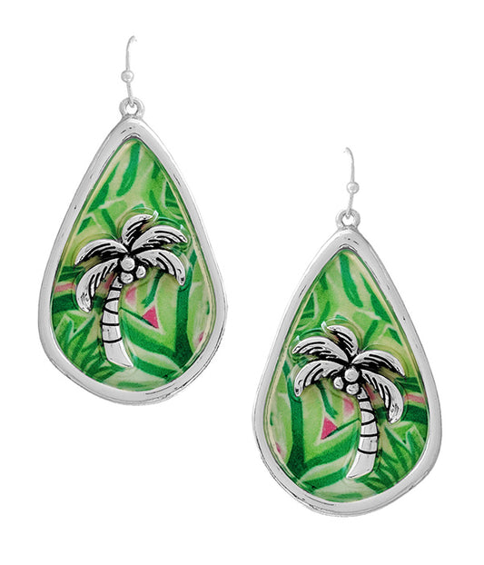 TROPICAL THEME EPOXY TEARDROP EARRING - PALM TREE