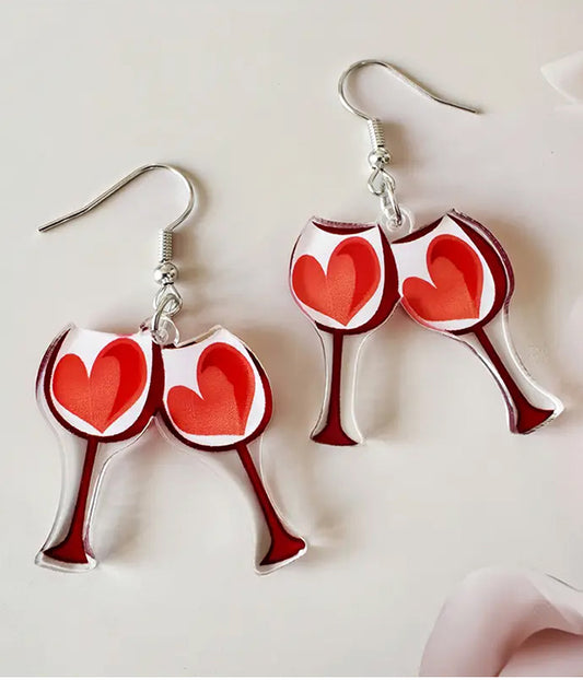 VALENTINE THEME HEART WINE GLASS ACRYLIC EARRING