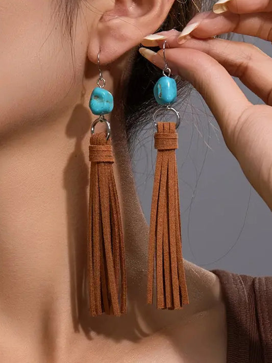 TURQUOISE AND FAUX LEATHER TASSEL EARRINF