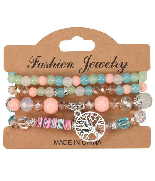 TREE OF LIFE MULTI BEAD 4 STACKABLE STRETCH BRACELET SET