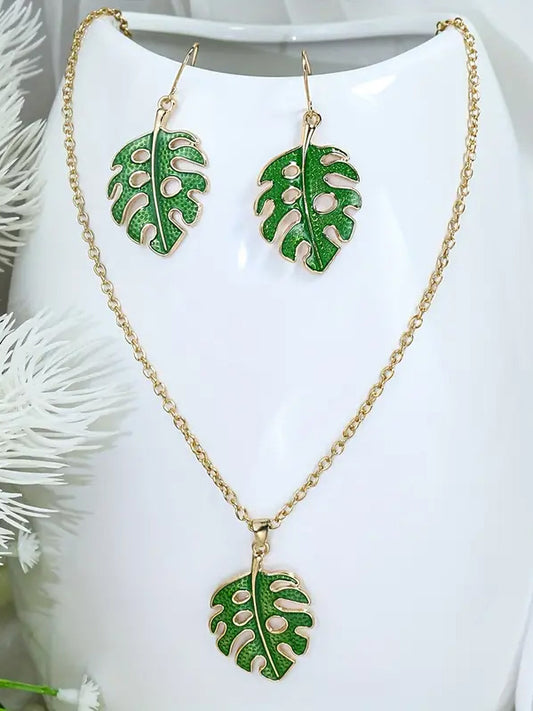 GIANT LEAF PENDANT NECKLACE AND EARRING SET