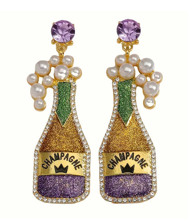 PEARL AND RHINESTONE CHAMPAGNE BOTTLE EARRING