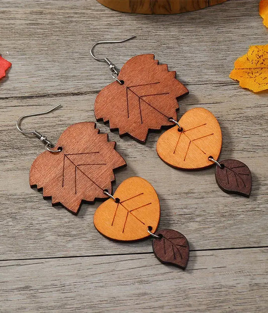 WOOD MAPLE LEAF DANGLE DROP EARRING