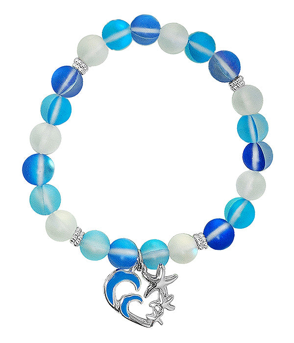 SEALIFE THEME STARFISH AND WAVE CHARM STRETCH BRACELET