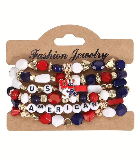 PATRIOTIC THEME AMERICAN FLAG MULTI STRETCH BRACELET SET
