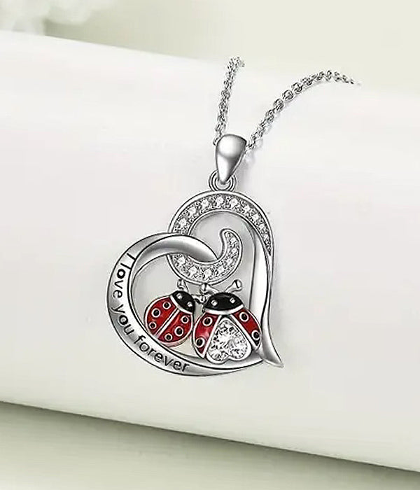 DOUBLE LADYBUG AND HEART PENDANT NECKLACE