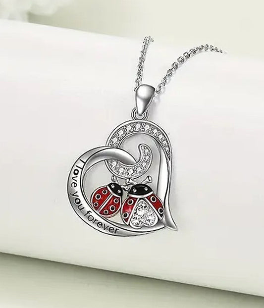 DOUBLE LADYBUG AND HEART PENDANT NECKLACE