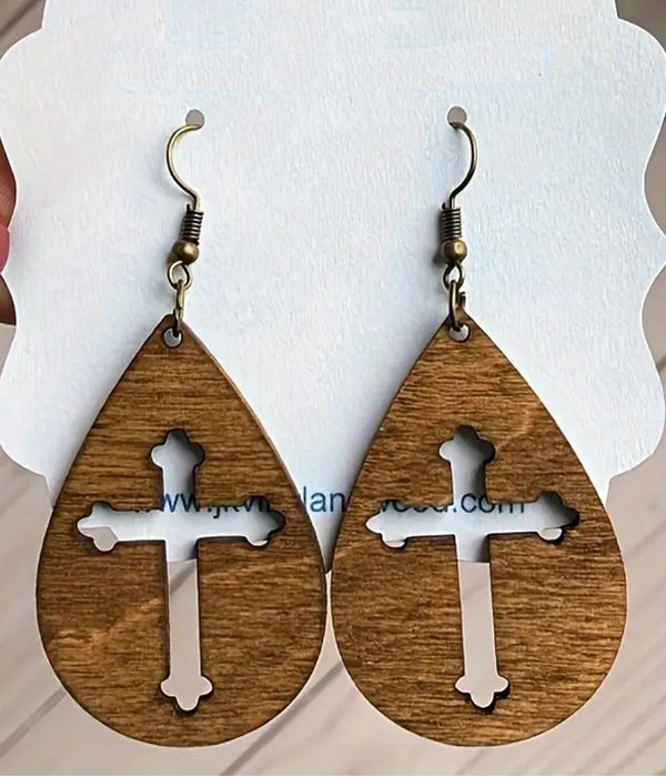 CROSS CUT WOOD TEARDROP EARRING