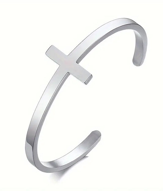 STAINLESS STEEL SIMPLE CROSS BANGLE BRACELET