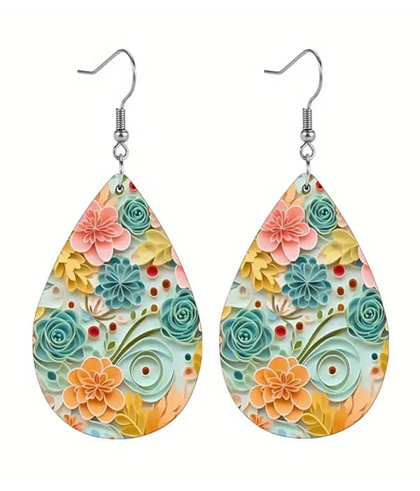 EMBOSSED FLOWER TEARDROP LEATHERETTE EARRING