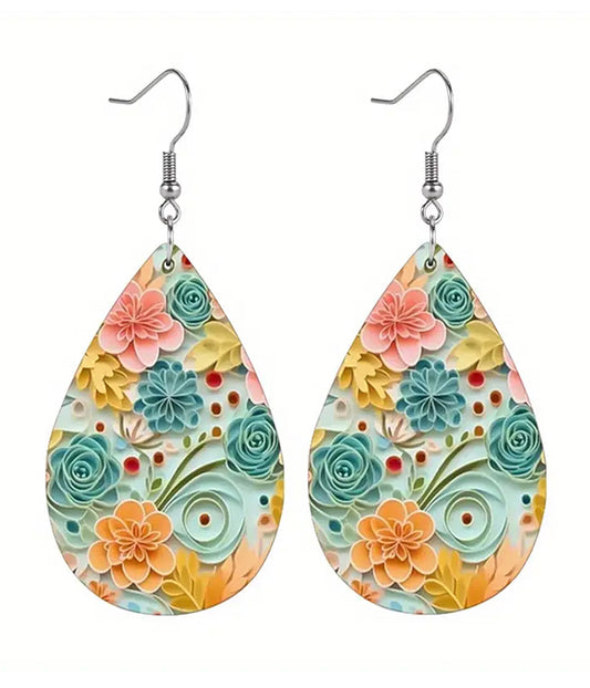 EMBOSSED FLOWER TEARDROP LEATHERETTE EARRING