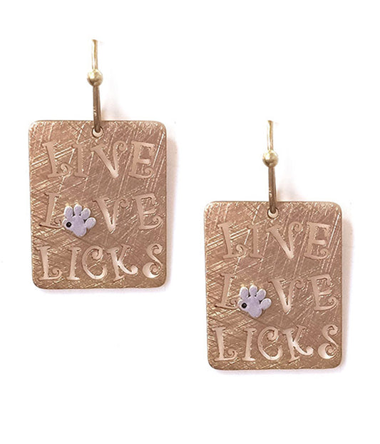 PET LOVERS THEME SCRATCH METAL EARRING - LIVE LOVE LICKS - BRASS METAL