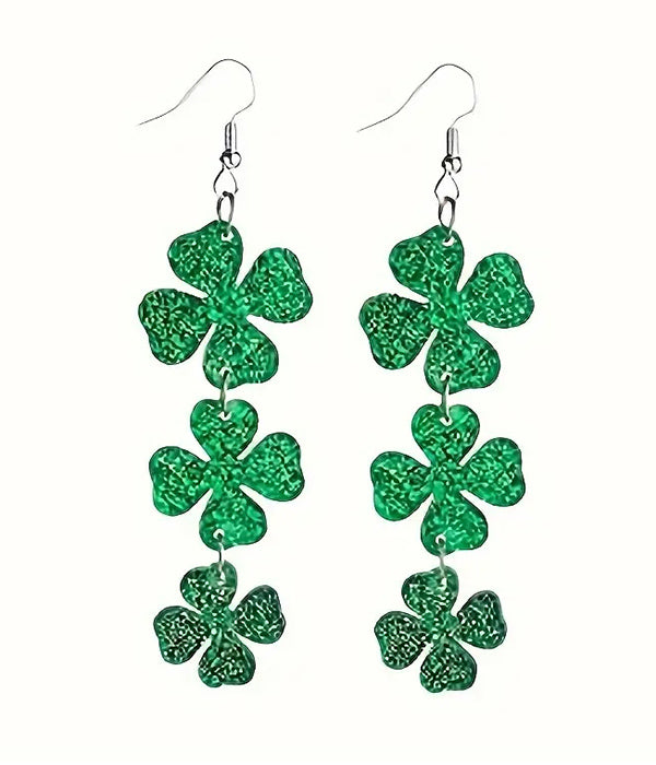 ST PATRICK DAY THEME ACRYLIC TRIPLE SHAMROCK EARRING