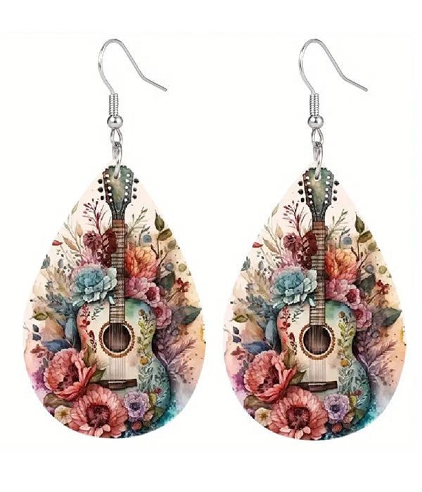 FLOWER AND GUITAR TEARDROP LEATHERETTE EARRING