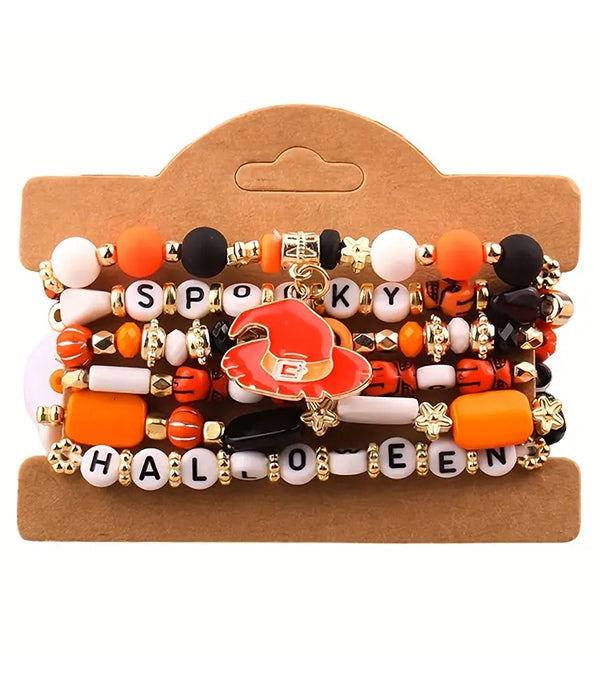 HALLOWEEN THEME MIX CLAY BEAD 6 STRETCH BRACELET SET - WITCH HAT