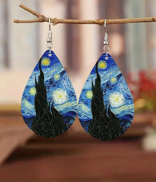 PAINTING ART WOOD TEARDROP EARRING -  Van gogh STARRY NIGHT