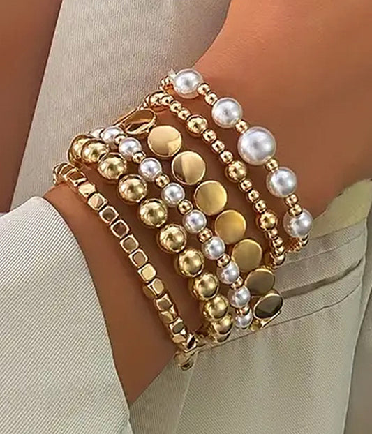 MULTI PEARL AND BALL BEAD STRETCH BRACELET SET