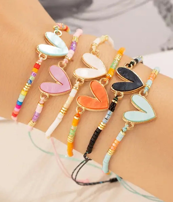 6 PIECE STACKABLE SEEDBEAD PULL TIE HEART BRACELET SET